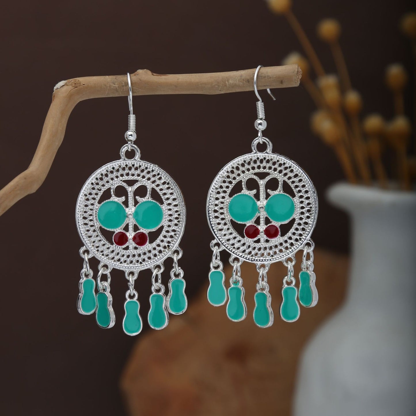 Miao Sier Colorful Long Feather Tassel Rings