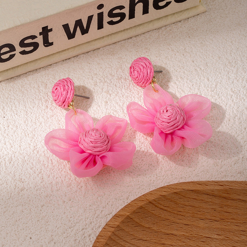 Super Fairy Dopamine Color Organza Raffia Flower Female Sweet Fresh Earrings