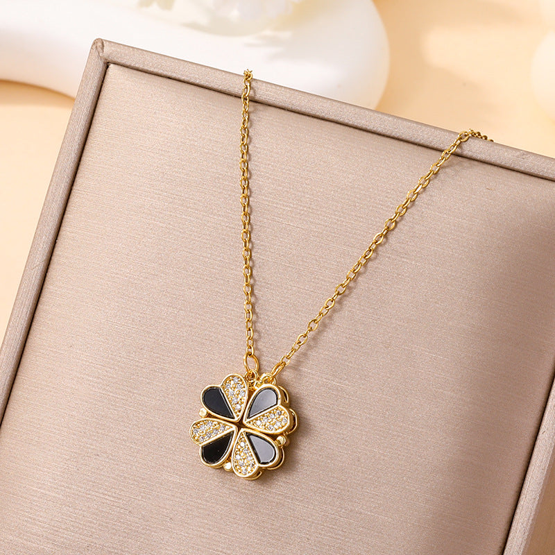 Women's Heart-to-heart Open Close Four-leaf Titanium Steel Fashionable Heart-shaped Folding Clavicle Necklace