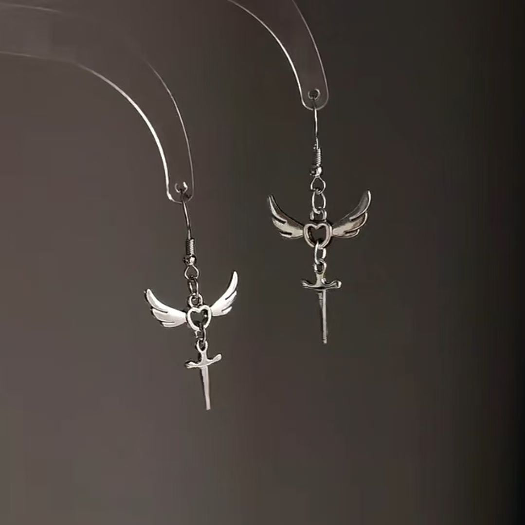 Punk Sier Cross Angel Wings Retro Ear Hook