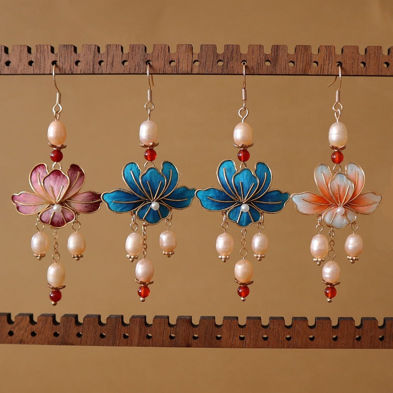 Gradient Color Veet Flower Chinese Style Skirt Petals Fresh Water Earrings