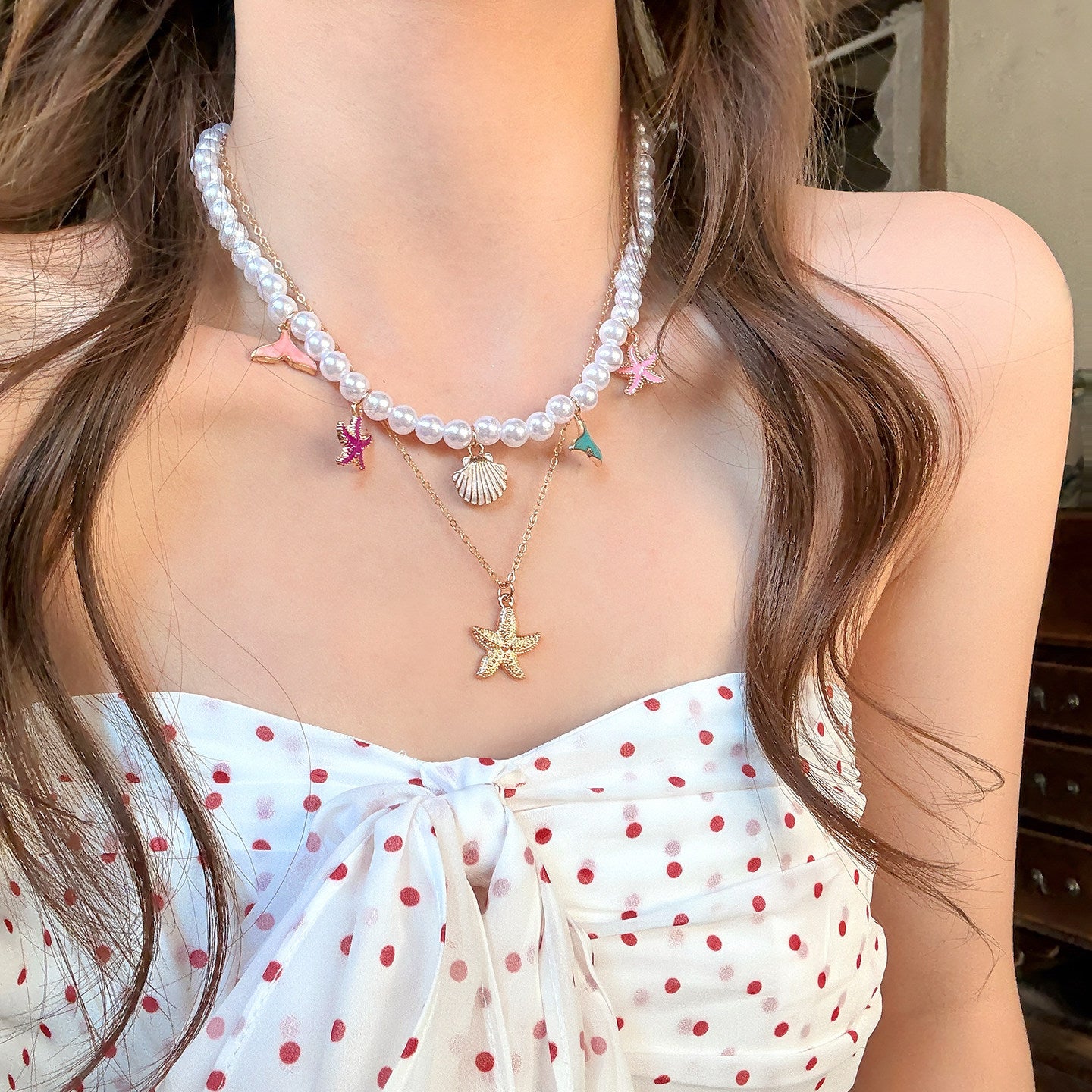 Colorful Island Starfish Pearl Seaside Vacation Style Clavicle Chain Necklace
