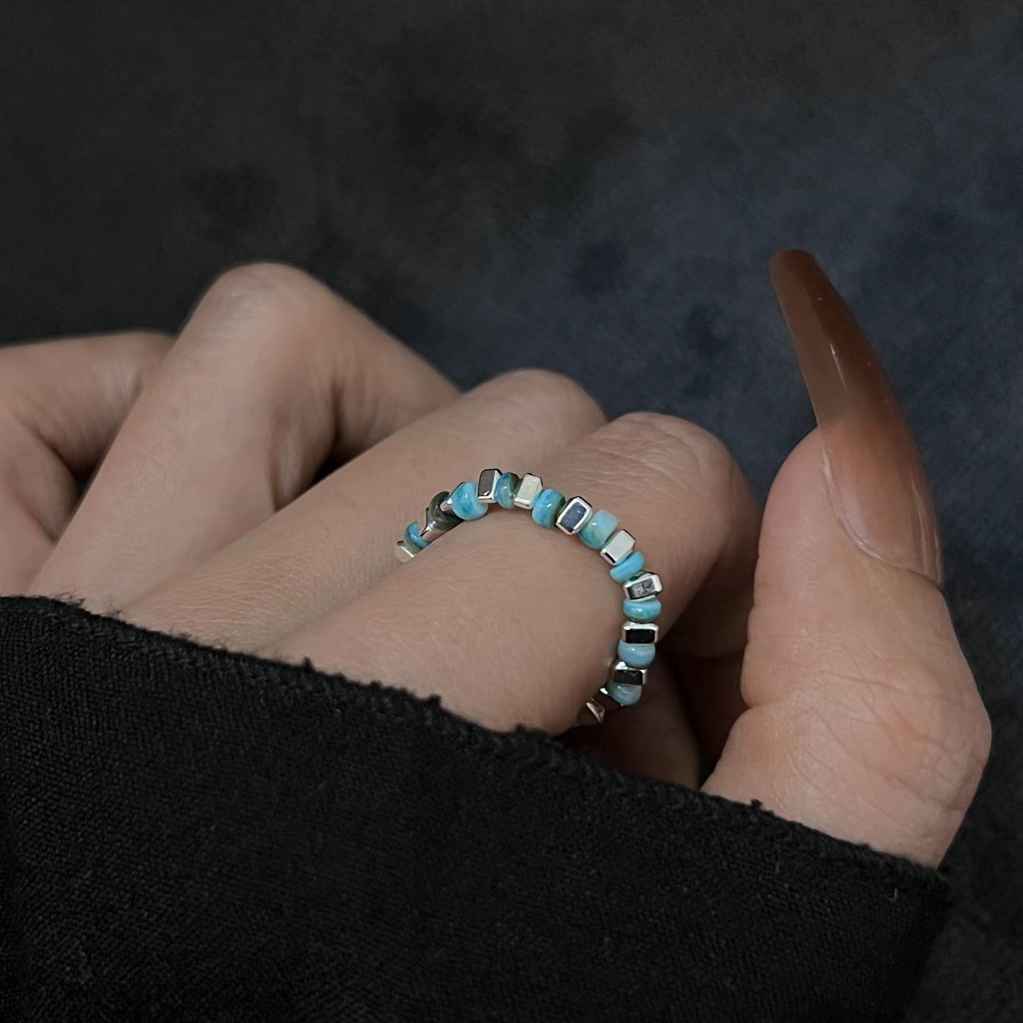 Wind Minority Simple Design Colored Stone Sier Beaded Metal Small Ring