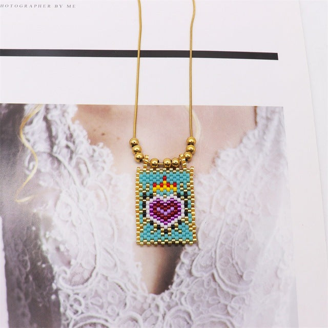 Bohemian Style Gold Rainbow Love Devil's Eye Square Necklaces
