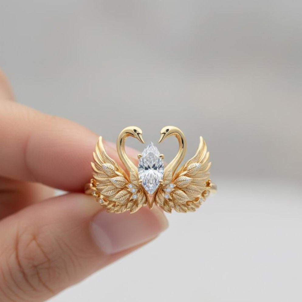 Swan Wings Engagement Horse Eye Zircon Unique Bird Wedding Full Ring