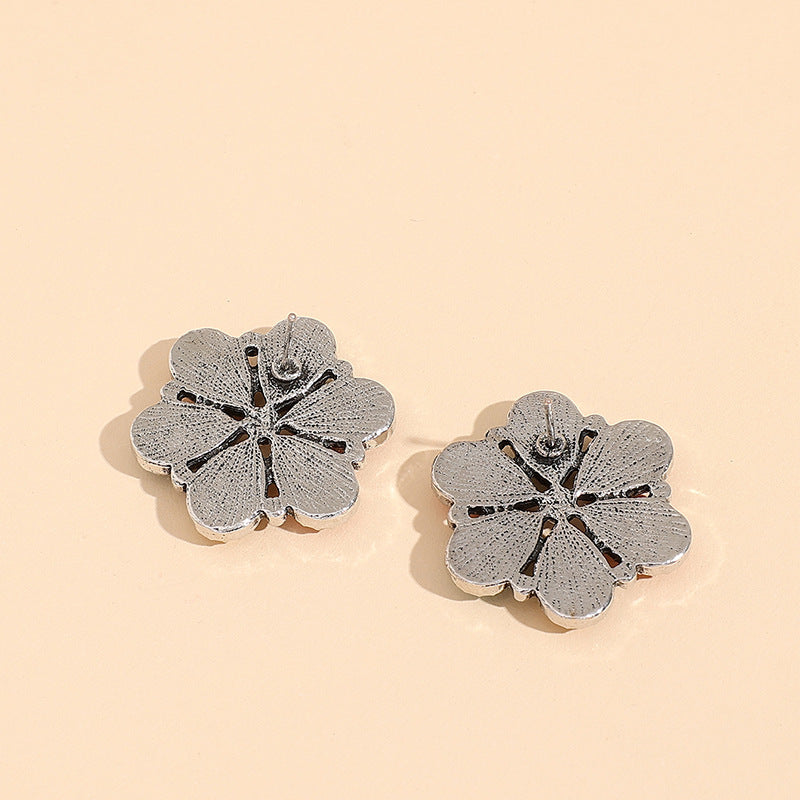 Women's Retro Bohemian Flower Colorful Turquoise Ear Hollow Sunflower Rings