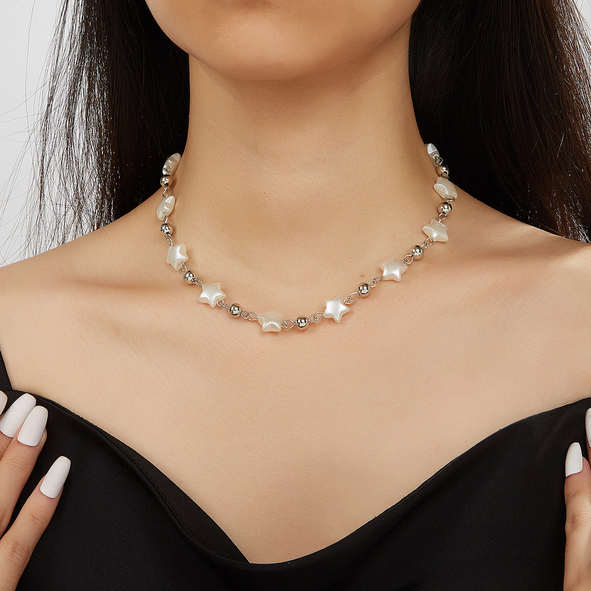 Natural Pearl Stitching Stars Single-layer Five-pointed Necklace
