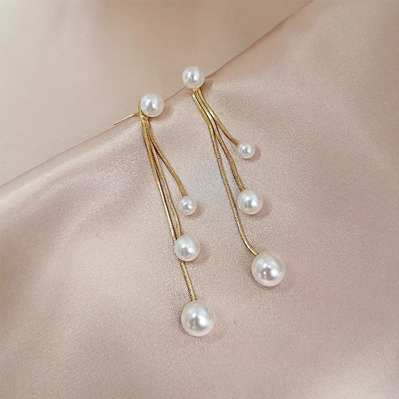 Women's Sier Needle Pearl Long Tassel High-grade Earrings