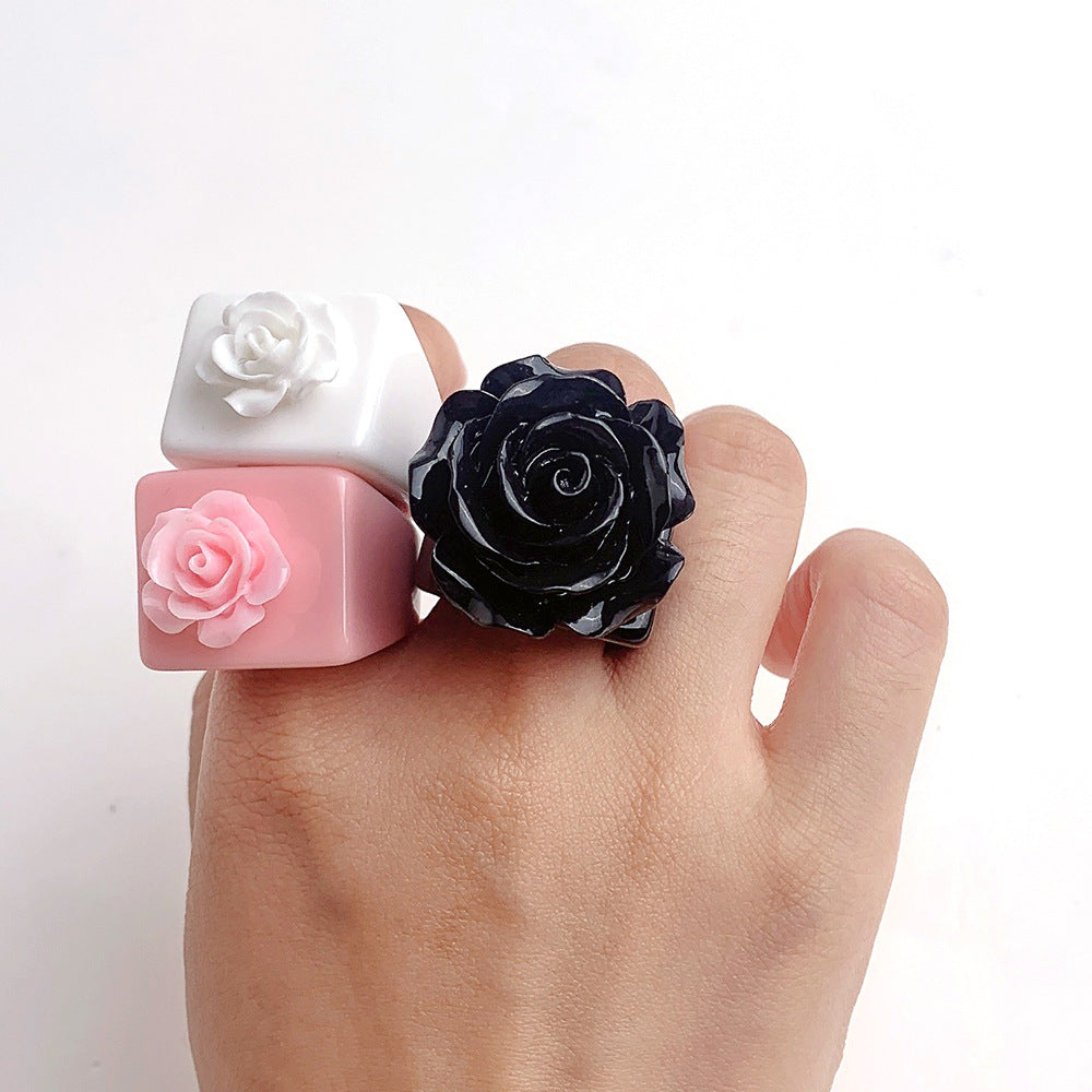 Asian Culture Black White Rose Resin Fashion Pink Decorative Punk Ring