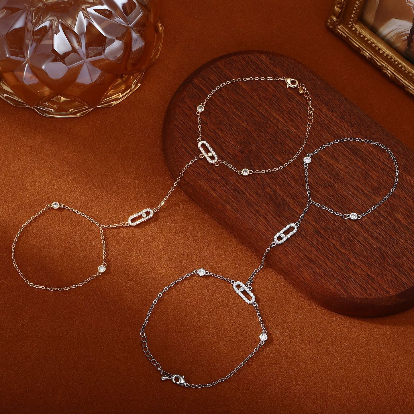 Finger Zircon Copper Plated Real Gold Simple Chain Integrated Rings