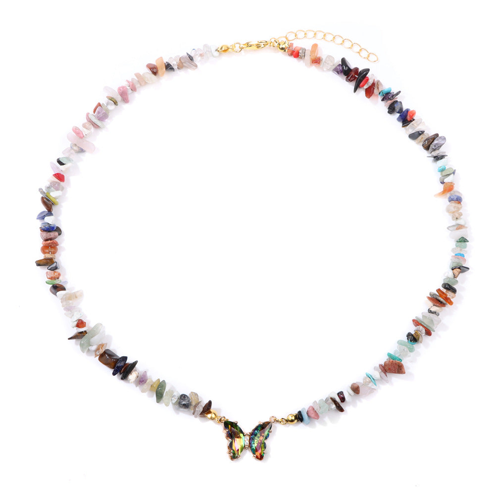 Women's Stone Gravel Beads Simple Butterfly Gem Necklaces