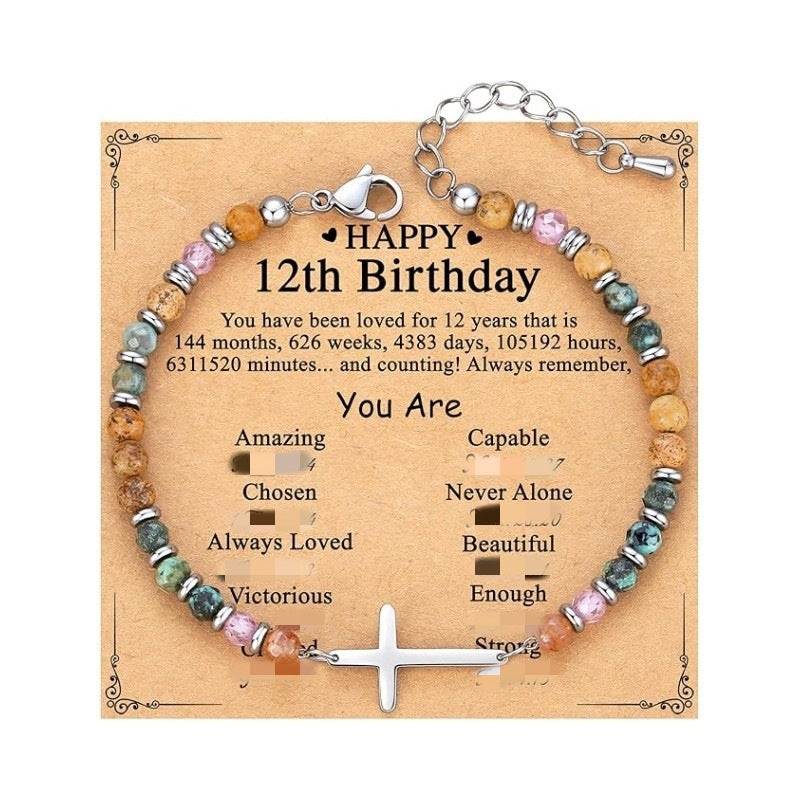 Women's Natural Stone Beaded Cross Lobster Buckle Adjustable Band Bracelet