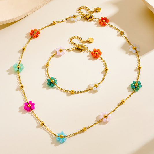 Dopamine Personality Creative Sweet Flowers Chain Color Relaxed Stainless Jewelry Set