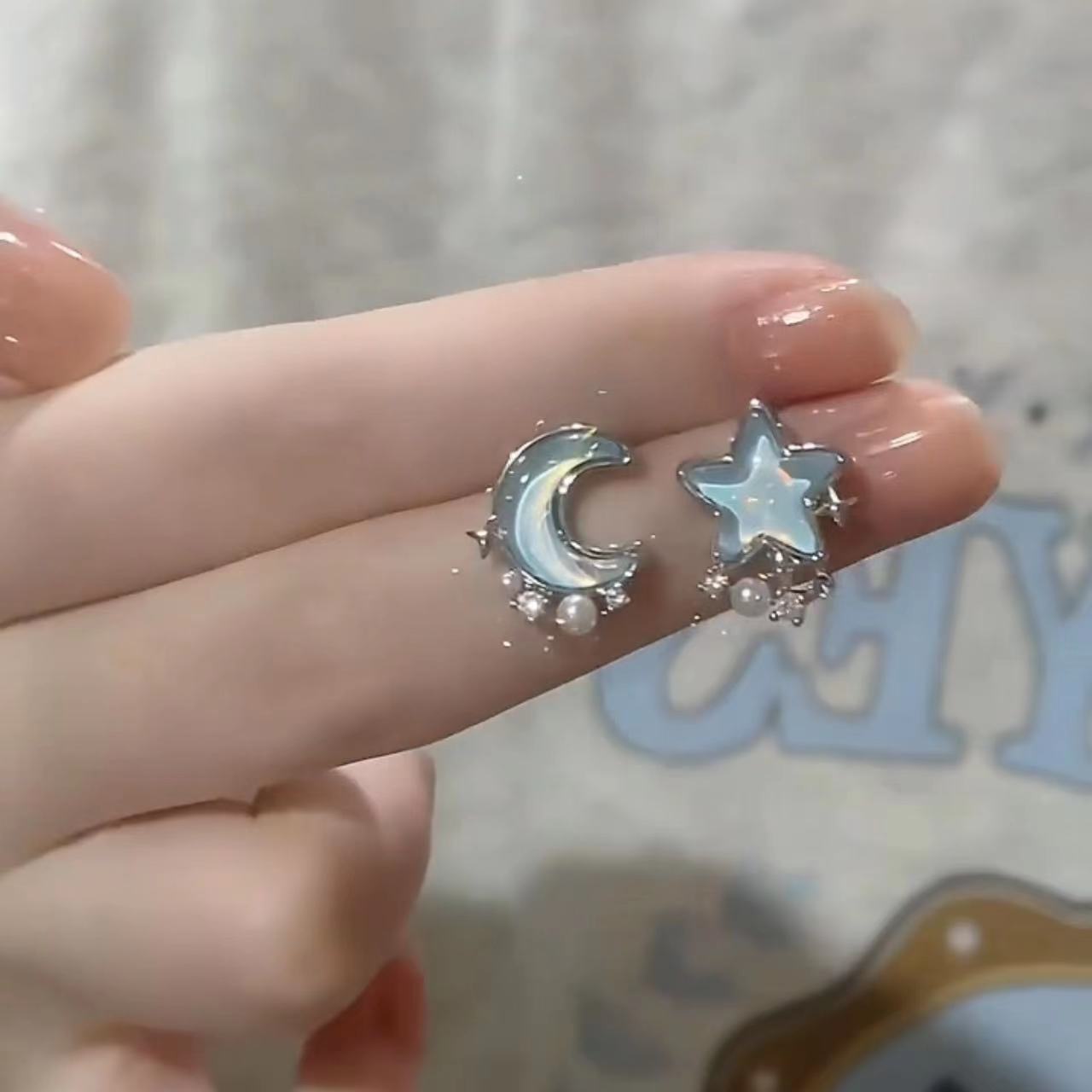 Style Fresh Blue Star Moon Ear Small Exquisite Versatile Pearl Stud Earrings
