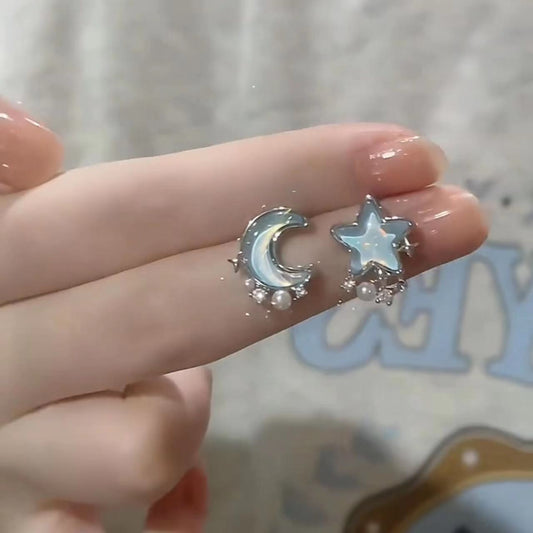 Style Fresh Blue Star Moon Ear Small Exquisite Versatile Pearl Stud Earrings