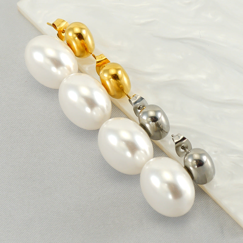 Women's Fashion Stainless Steel Pearl Retro Light Stud Earrings