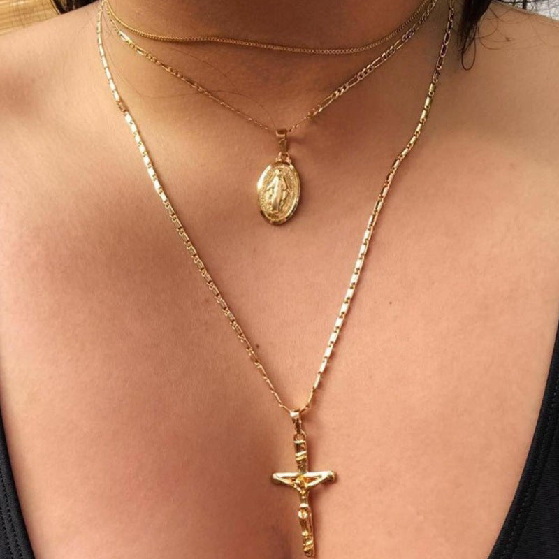 Simple Personality Metal Cross Tassel Virgin Round Necklaces