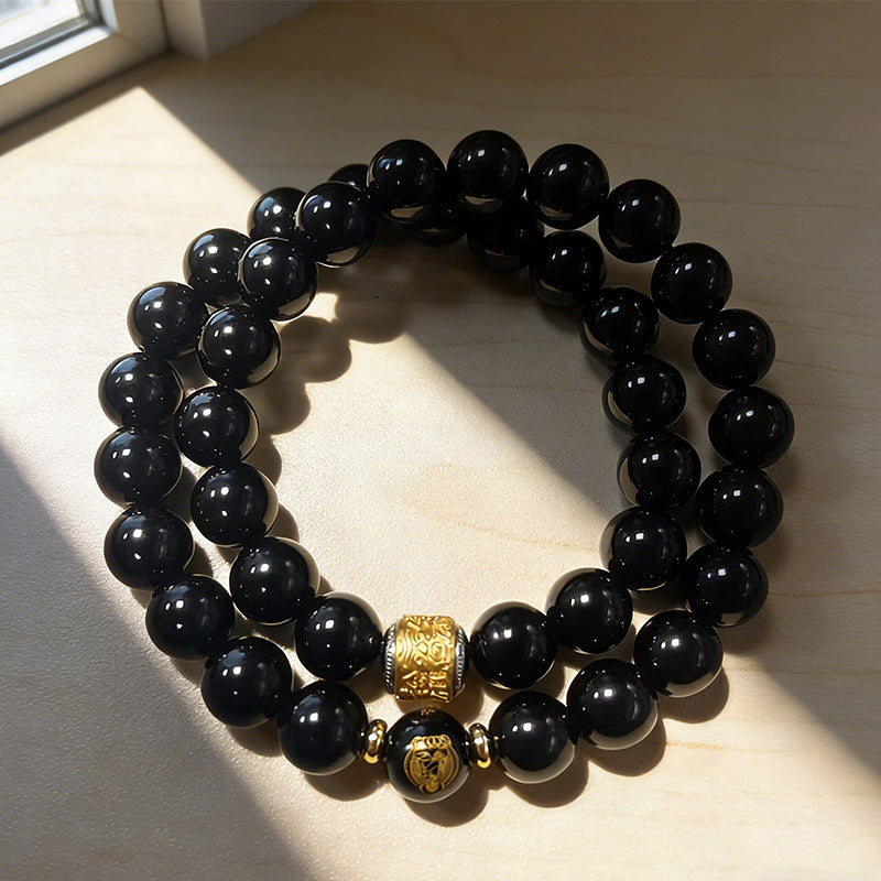 Men's Natural Obsidian Zodiac Natal Buddha Double Simple Bracelet