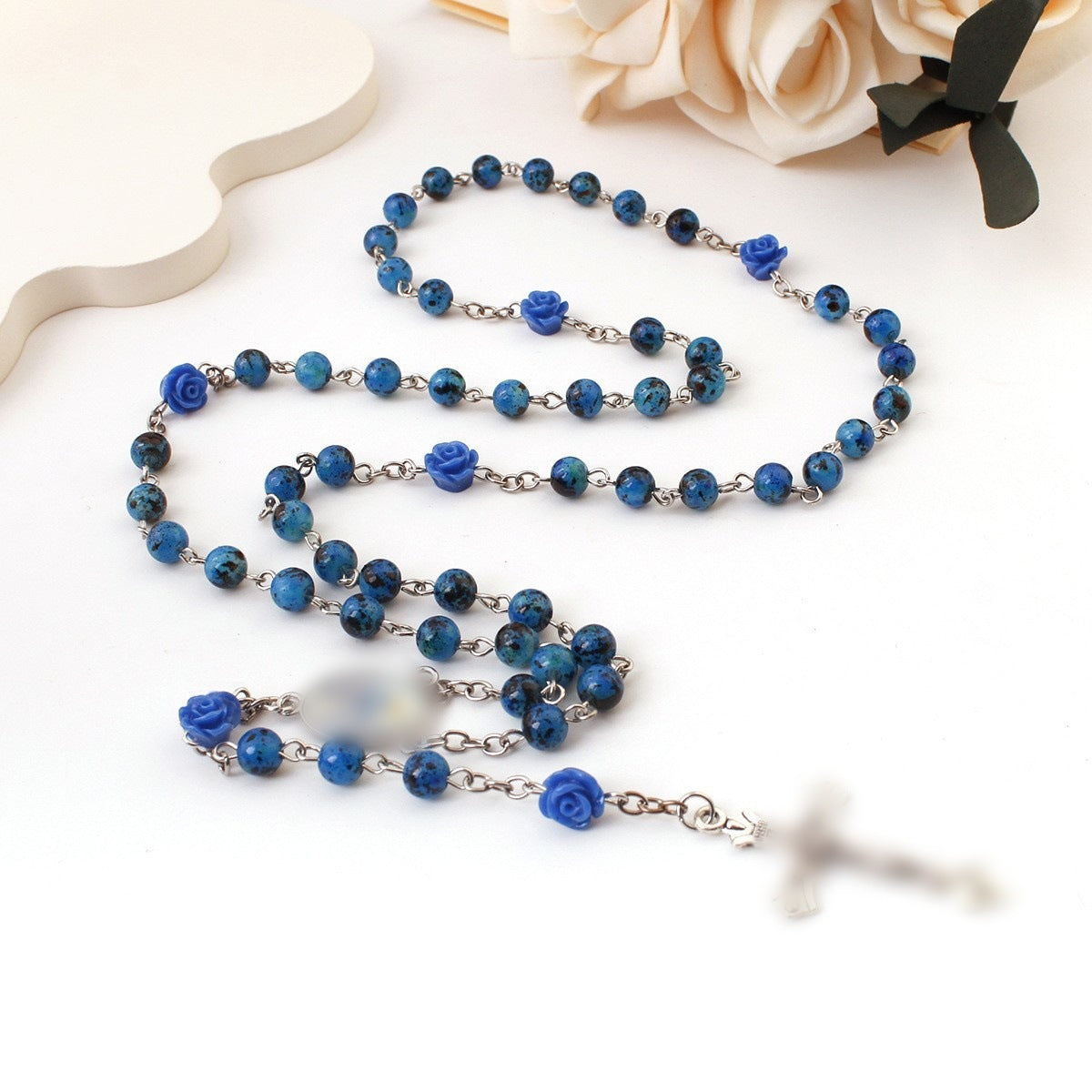 Women's & Men's Royal Blue Paint Beads Rose Cross Long Baptism Prayer Sweater Necklaces