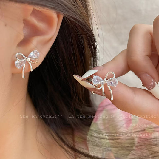 Women's Sier Bow Zircon For Gentle Sweet Beautiful French Earrings