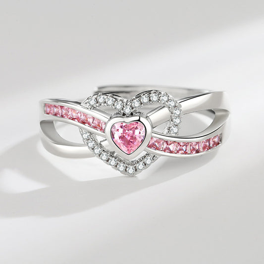 Women's Pink Loving Heart Zircon Female Fashion Simple High Rings