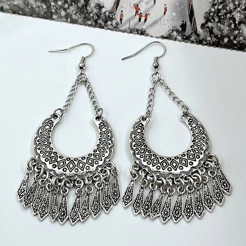 Bohemian Hollow Moon Carved Long Fringe Ear Hook