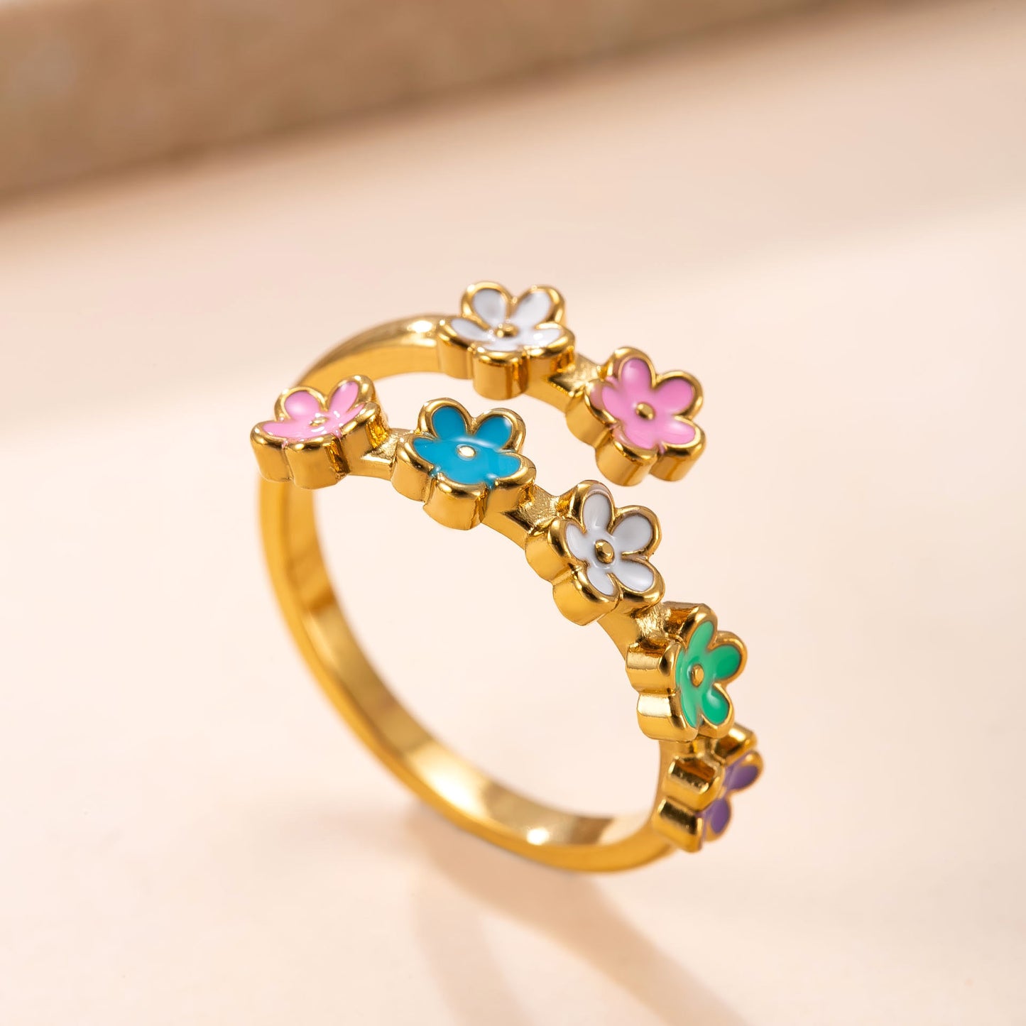 Women's Stainless Steel Casting Dripping Oil Flower Open Light Luxury Ring