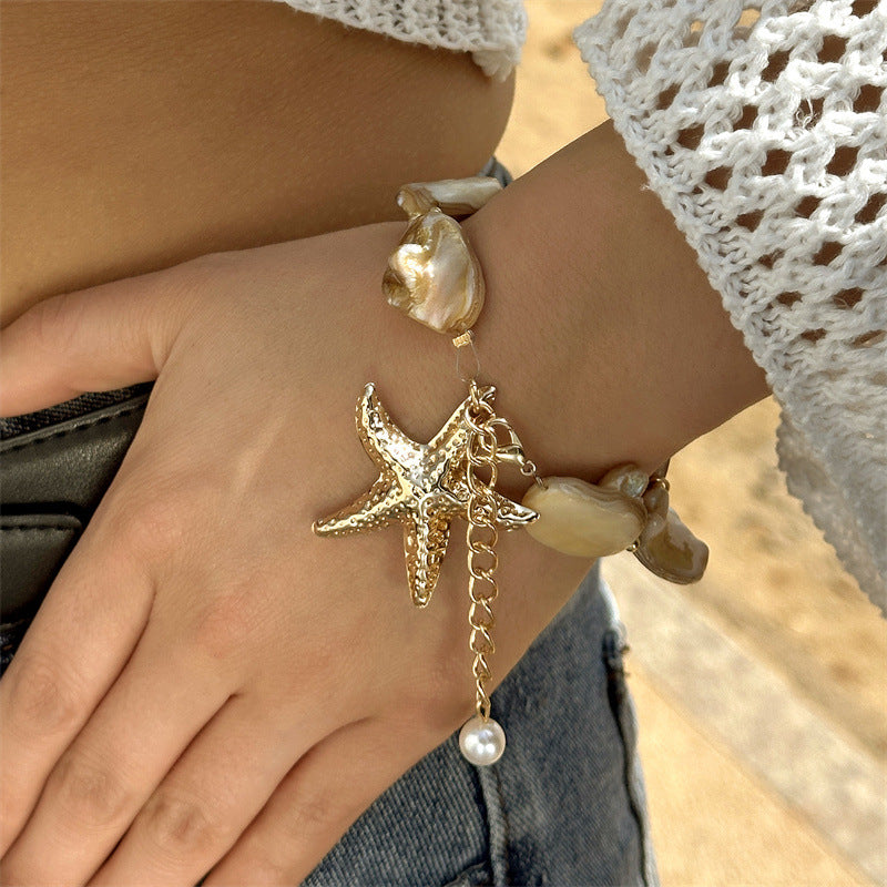 Women's Starfish Shell Beaded Imitation Pearl Layered Thick Necklaces