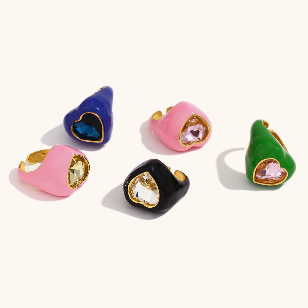 Simple Fresh Stainless Steel Gold-plated Cut Zircon Heart Rings