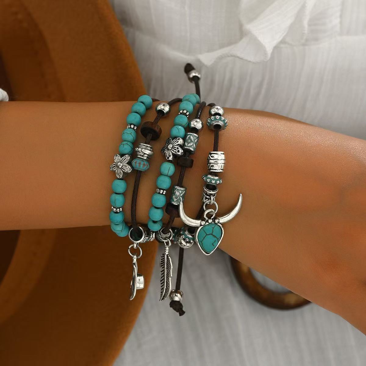 Bohemian Turquoise Ox Head Cowboy Hat Feather Bracelet