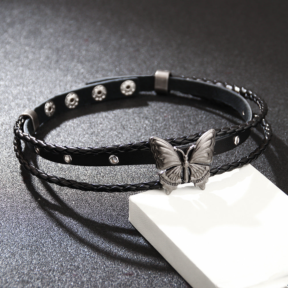 Women's Personalized Retro Butterfly Rivet Soft Leather Dark Necklaces