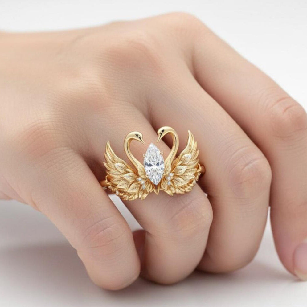 Swan Wings Engagement Horse Eye Zircon Unique Bird Wedding Full Ring