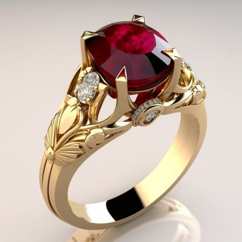 Women's Gold Plated Hollow Jeweled Light Luxury Red Ring