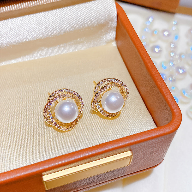 Spiral Pearl Female Niche High-grade Sterling Sier Needle Light Earrings