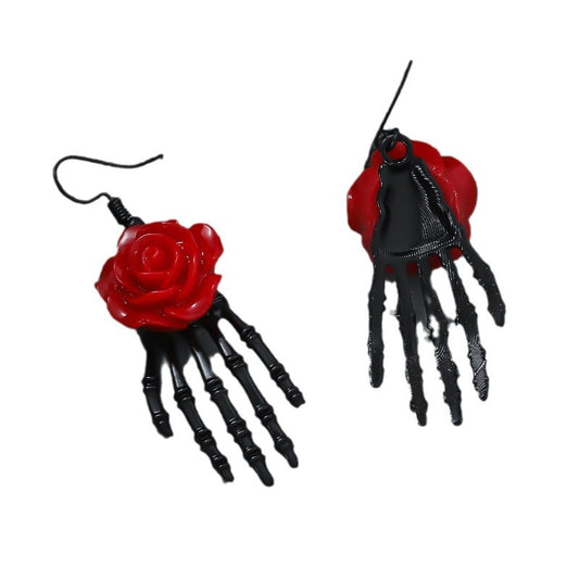 Skull Hand Red Rose Vintage Gothic Punk Earrings