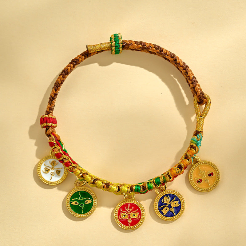 Women's & Men's Tibetan Style Five Gods Of Wealth Carrying Strap Hand-woven Peach Bracelets
