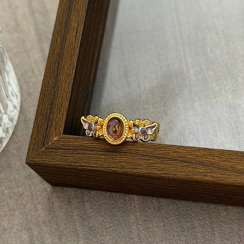 Luxury Retro Flower Auspicious Cloud Purple Enamel Open Niche Twin Rings