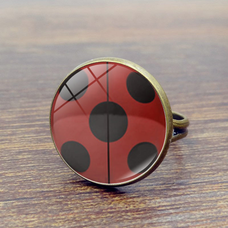 Round Polka Dot Time Stone Cartoon Anime Ladybug Brush Printed Ring
