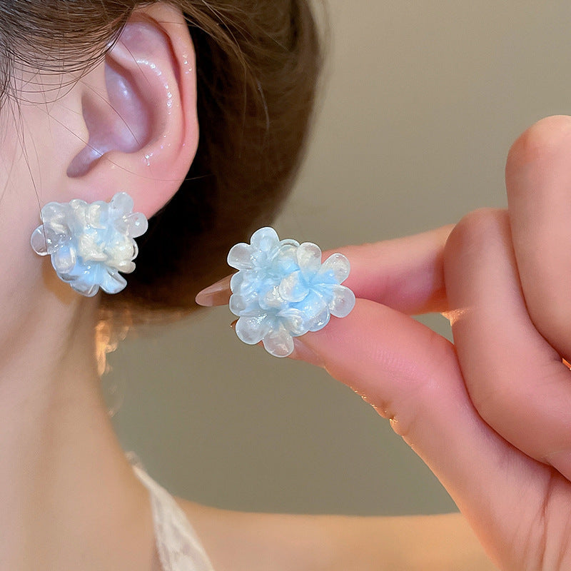Women's Fresh Blue Fabric Flower Tassel Seaside Vacation Style Light Stud Earrings