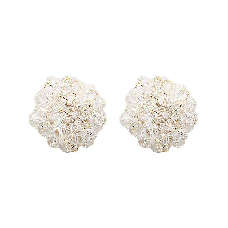 Sier Needle Handmade Round White Crystal Floral Ball Fairy Earrings