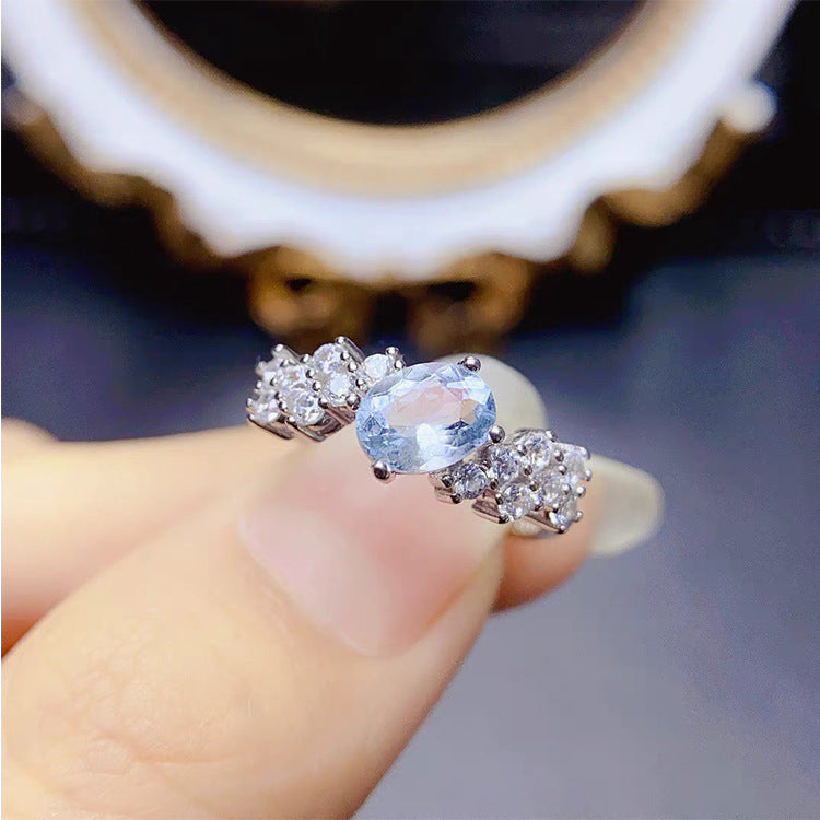 Sier Plated Imitation Natural Aquamarine Female Inlaid Zircon Fashion Open Ring