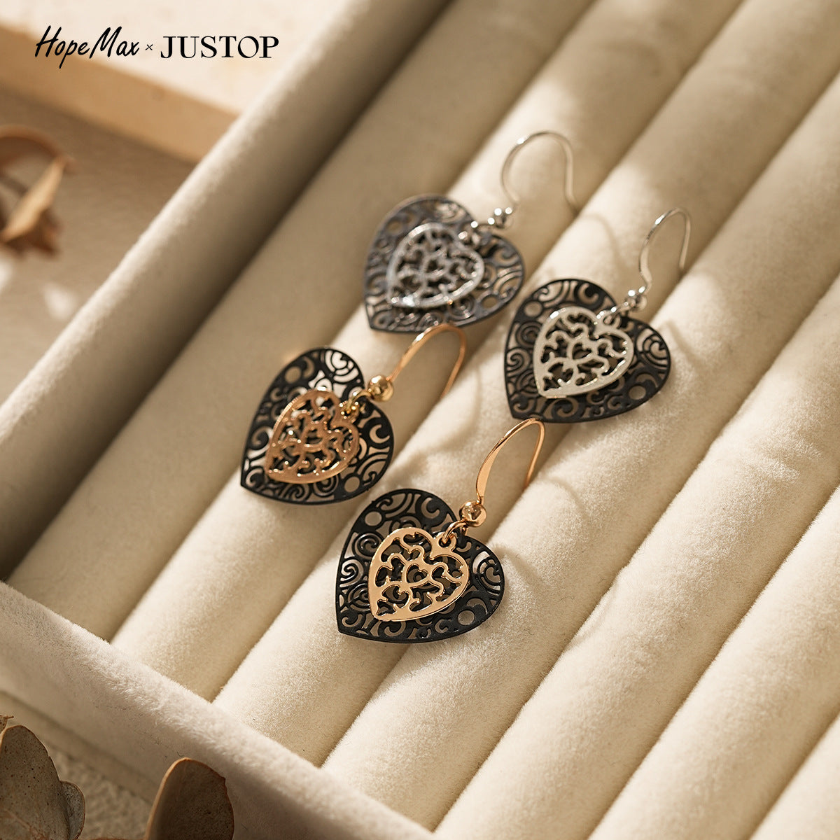 Hollow Heart-shaped Black Gold Two-tone Eardrops Stud Earrings