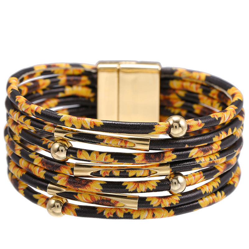 Print Magnetic Buckle Leather String Beads Rope Bracelets