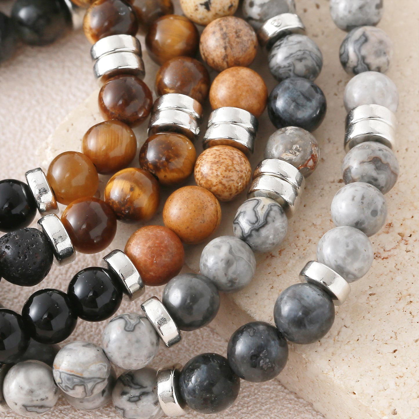 Men's Stone Tigereye Map Volcanic Rock Mixed Bracelet