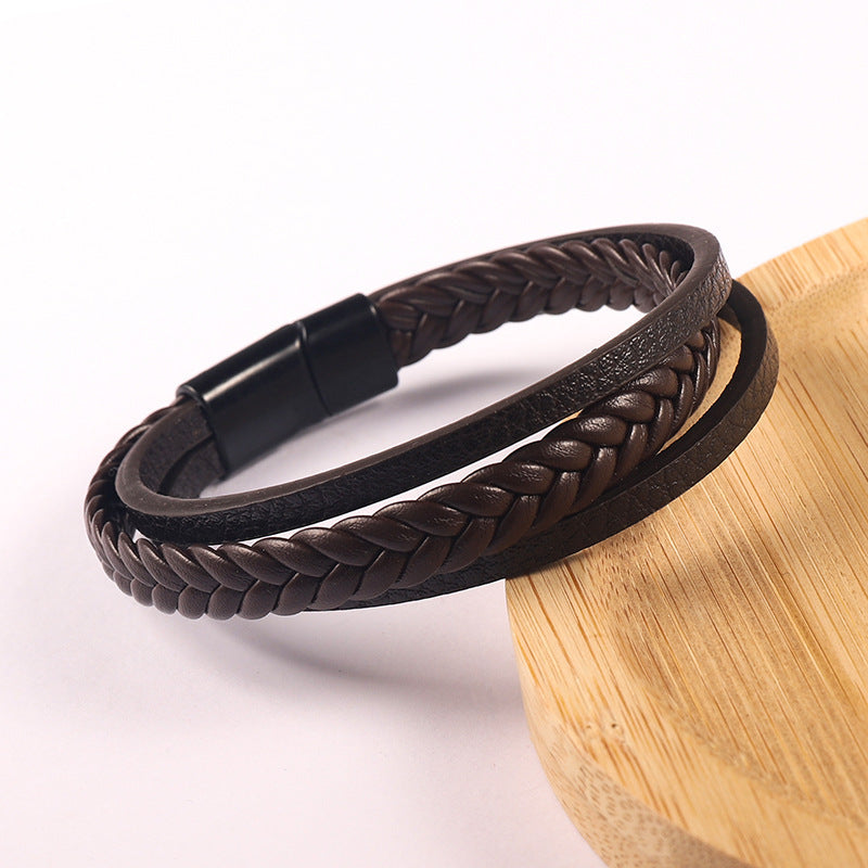 Men's Vintage Cattle Leather Alloy Woven Brace Bracelet