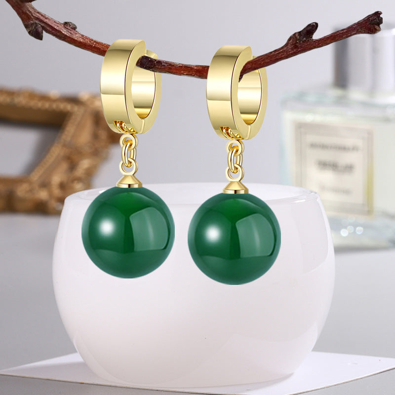 Court Green Agate Glass Stone Ear Clip Earrings