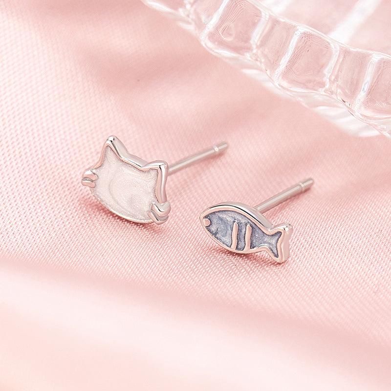 Oil Dripping Cat Blue Fish Personality Exquisite Stud Earrings