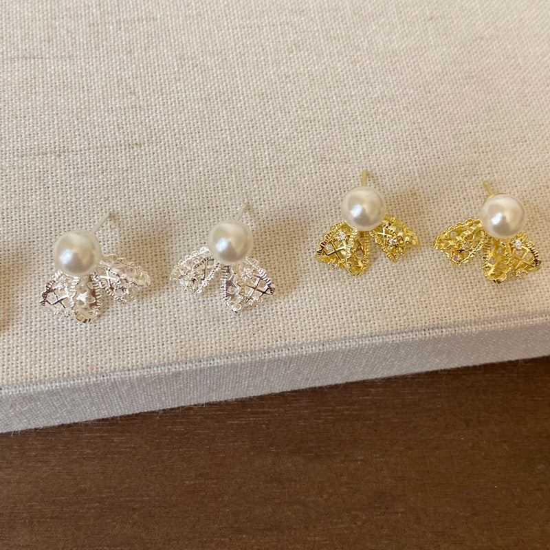 Women's French Style Super Fairy Lace Bow Pearl High-grade Earrings