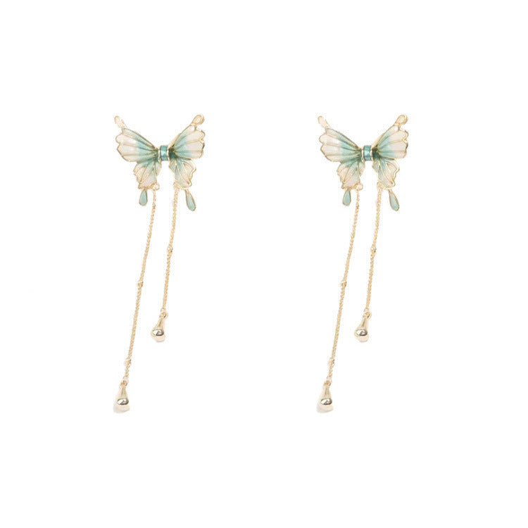 Chinese Retro Green Butterfly Tassel Electroplated Sier Needle Stud Earrings