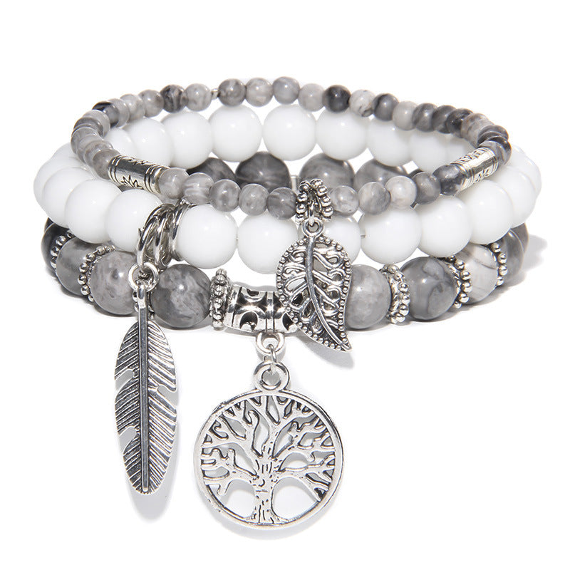 Women's Stone Bead Three-piece Tree Of Life Feather Vintage Bracelets